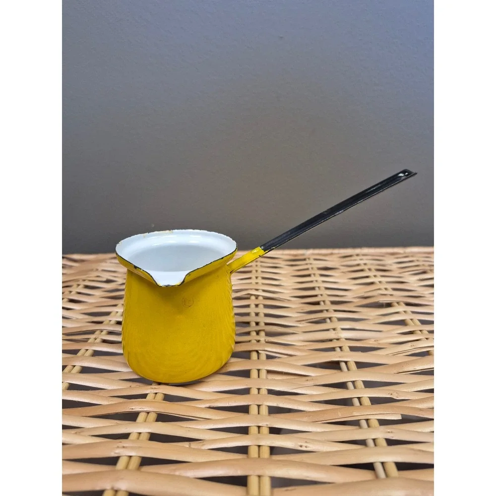 Vintage Yellow Enamelware Butter Warmer Milk Pot Small Sauce Pot Made Poland MCM